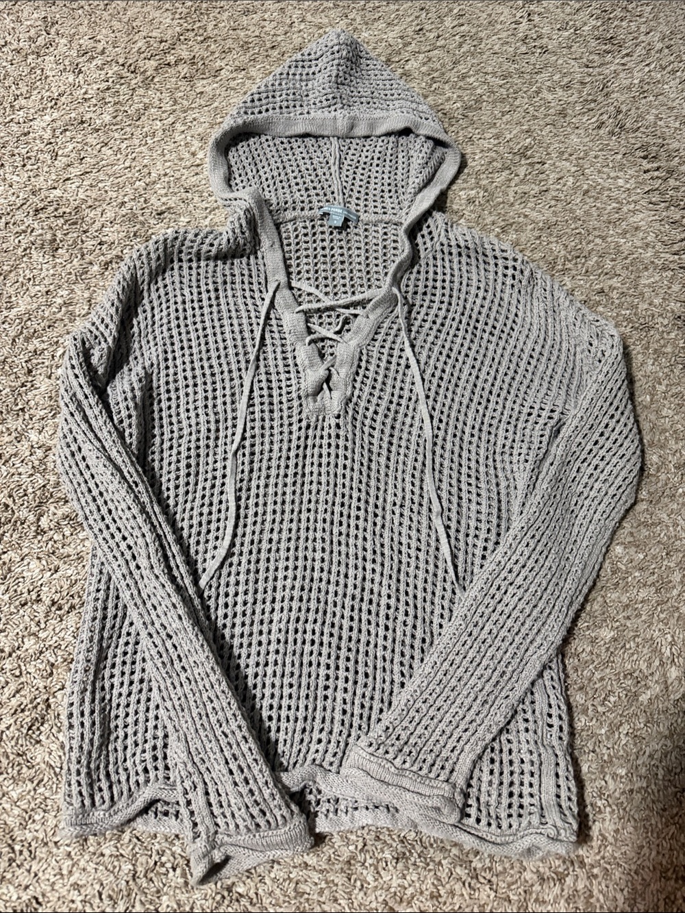 James Perse Light Gray Hooded Lace-Up Crochet Coverup